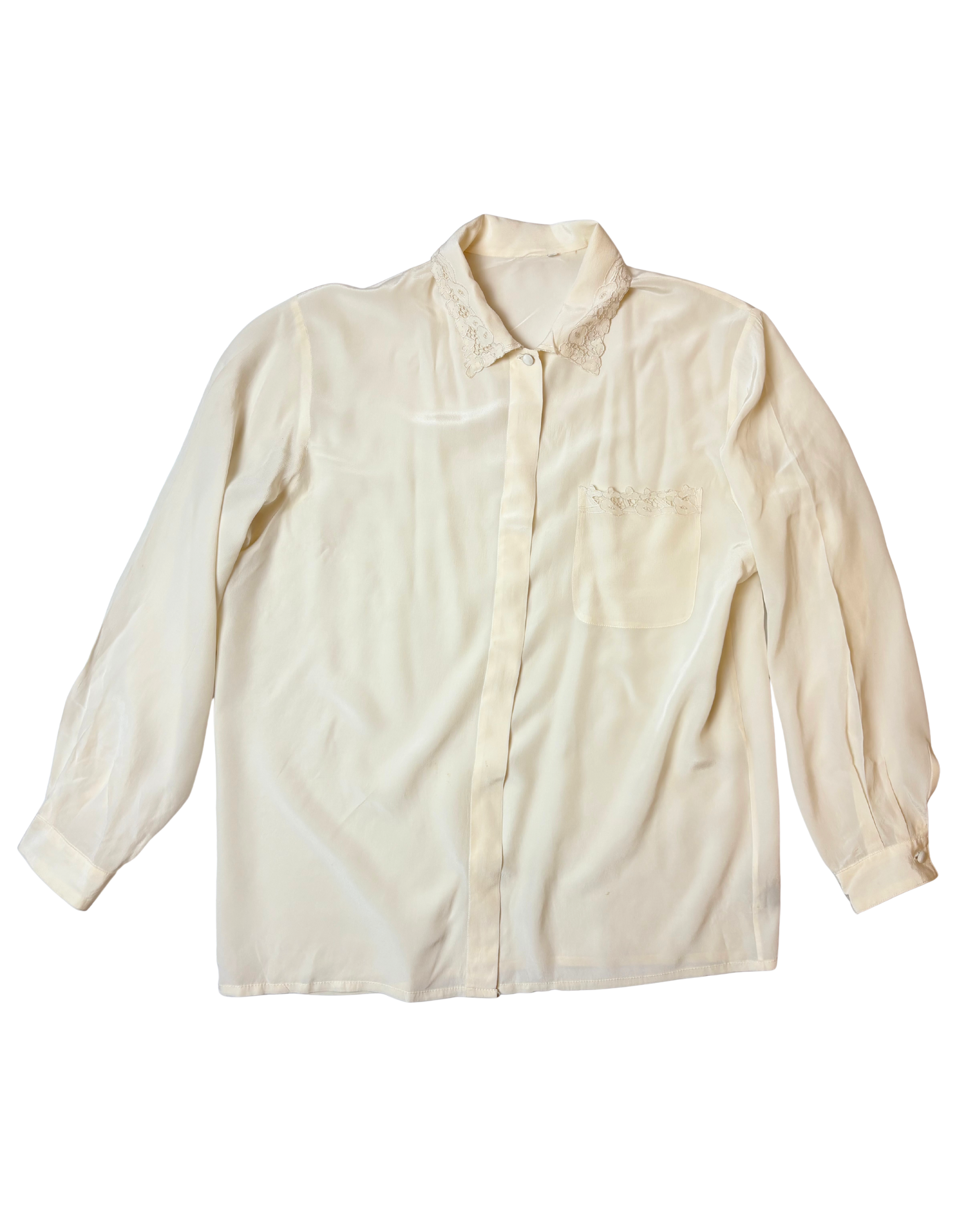 Camasa Vintage din Matase cu broderie pe guler si buzunar