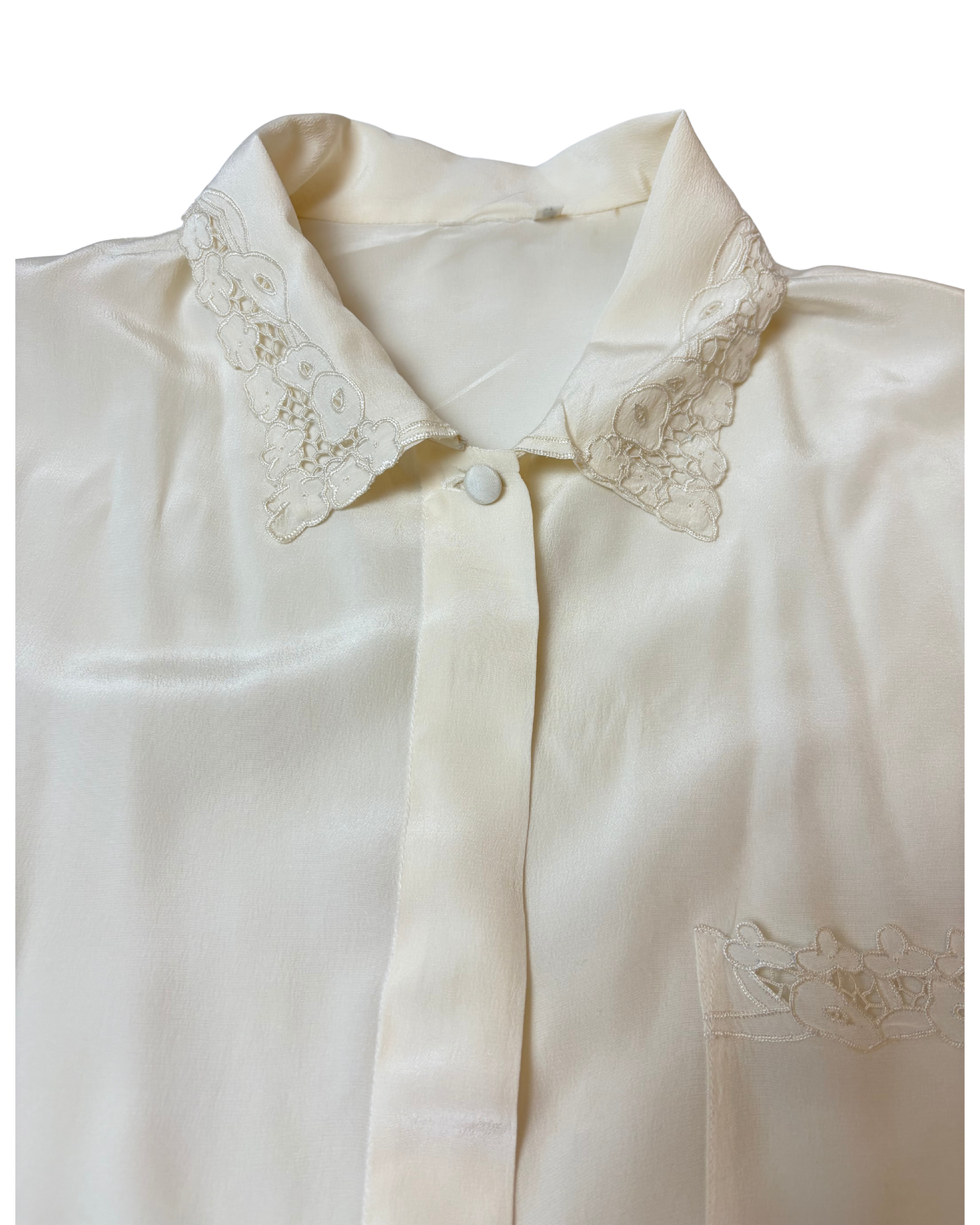 Camasa Vintage din Matase cu broderie pe guler si buzunar